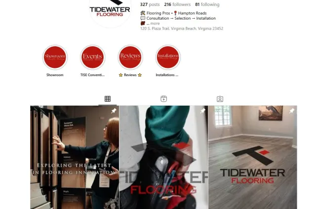 Tidewater Flooring Instagram profile showing logo, highlights, and flooring installation photos under 125 characters