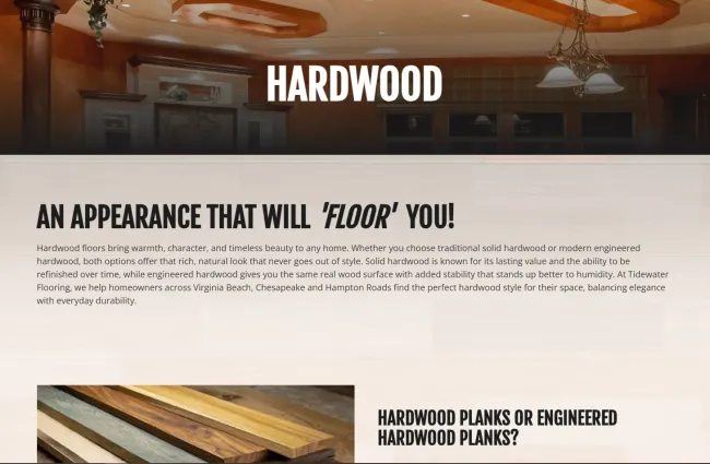 Hardwood flooring advertisement with warm tones and detailed text about solid and engineered hardwood options.