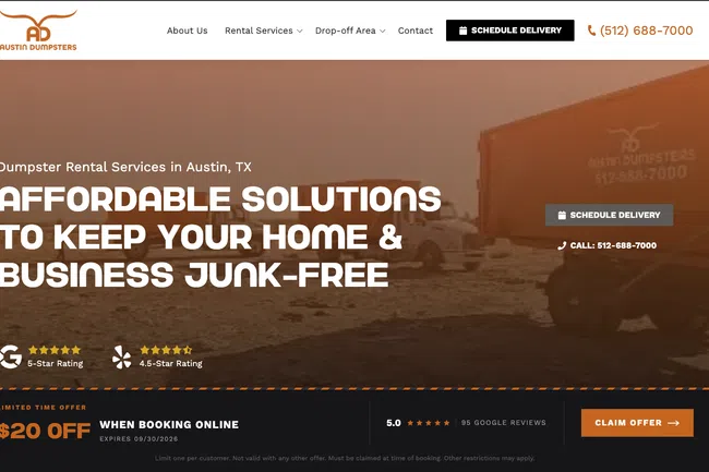 Austin Dumpsters homepage showing orange dumpsters and affordable rental service offer with contact details.