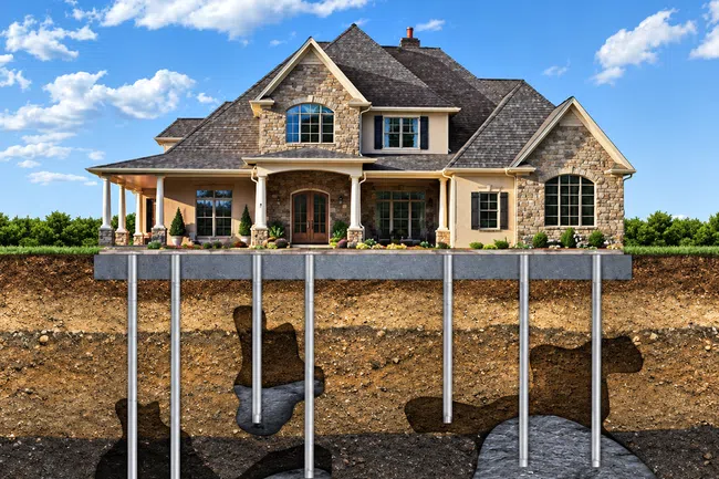Cross-section of a house with foundation supported by steel piers anchored into underground rock layers.
