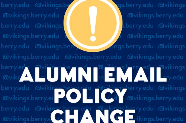 Yellow warning icon above text announcing alumni email policy change on blue background with repeated email addresses.