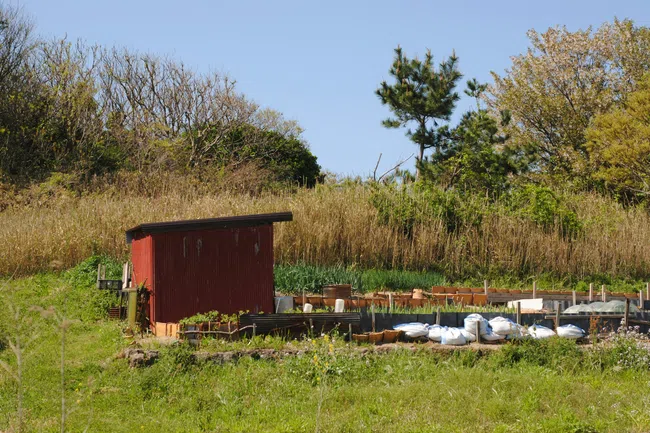 Small red garden shed next to a fenced vegetable garden surrounded by green grass and trees under a clear sky
