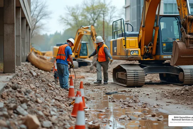 Construction workers in safety vests operating heavy machinery at an active demolition site with debris and traffic cones.