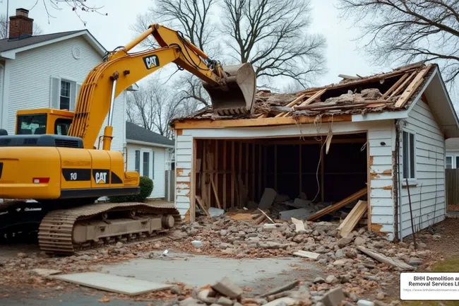 Yellow excavator demolishing a small detached garage with debris scattered around in a residential area