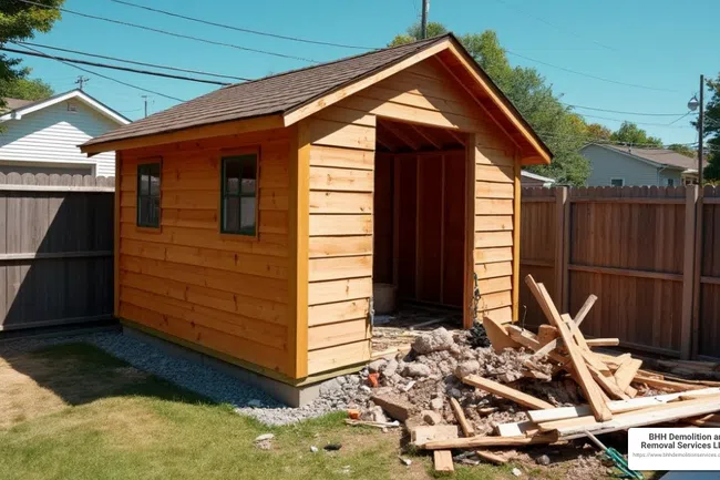 Partially demolished wooden shed in backyard with debris pile near wooden fence on sunny day