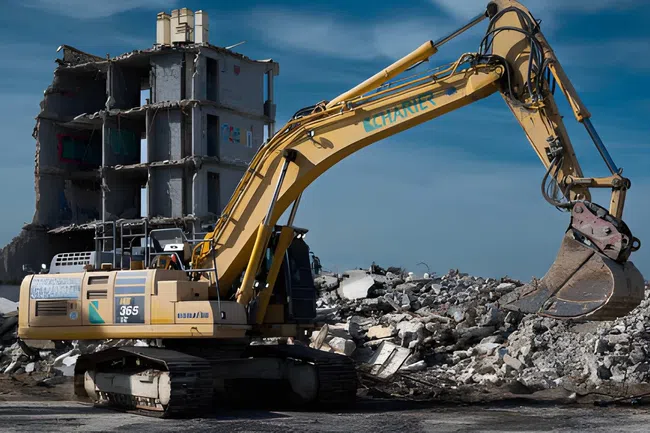 Yellow excavator demolishing concrete rubble near a partially destroyed building under clear blue sky.