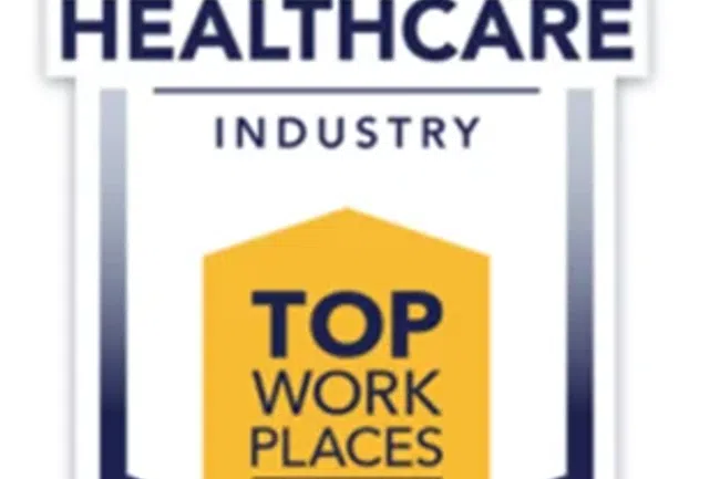 Healthcare Industry Top Workplaces 2025 badge with a yellow ribbon and blue border design.