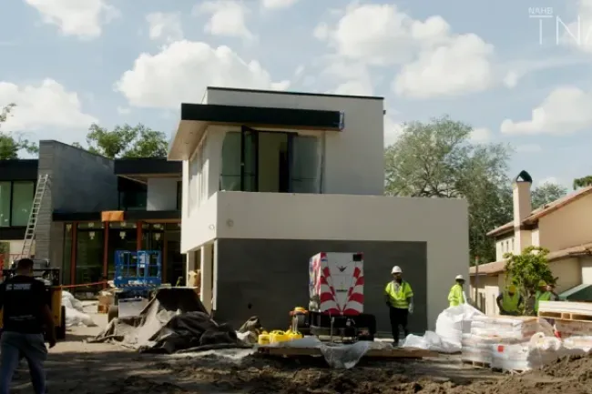 Modern two-story house under construction with workers, construction materials, and clear sky in a residential area.