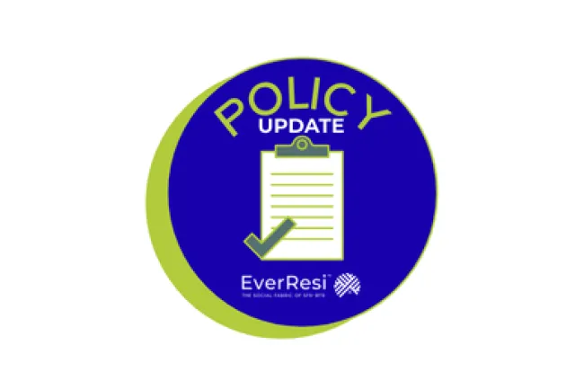 Circular badge with clipboard and checkmark icon showing policy update by EverResi.