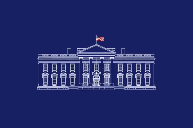 Outline illustration of the White House with American flag on dark blue background