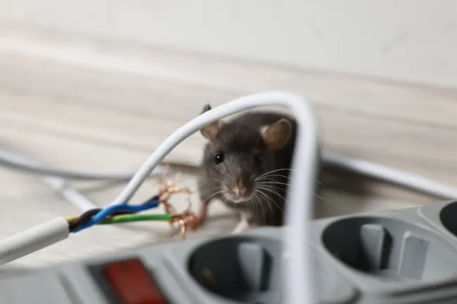 Close-up of a curious mouse near exposed electrical wires and a power strip on a wooden floor.