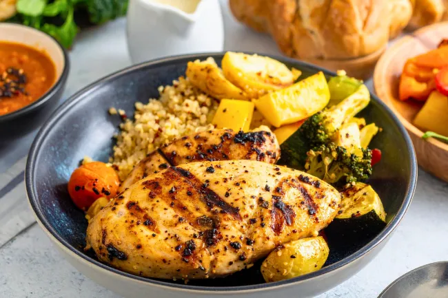 Grilled chicken breast with quinoa, roasted vegetables, and a sauce pitcher on a plate with side dishes.