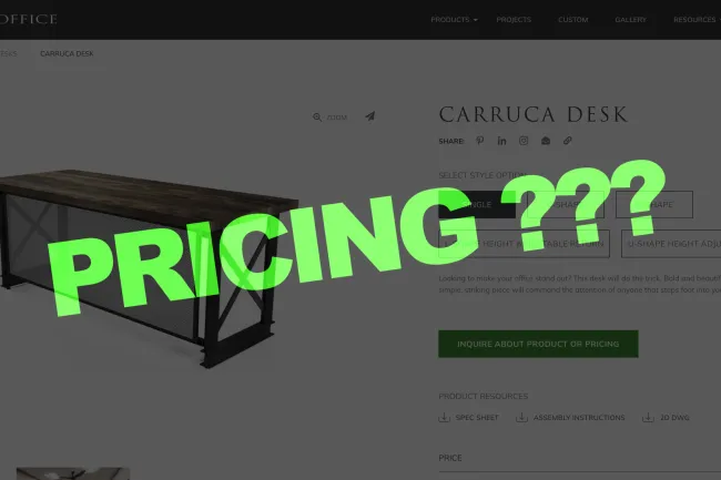 an image of a carruca desk from Iron Age Collection with the word pricing over top