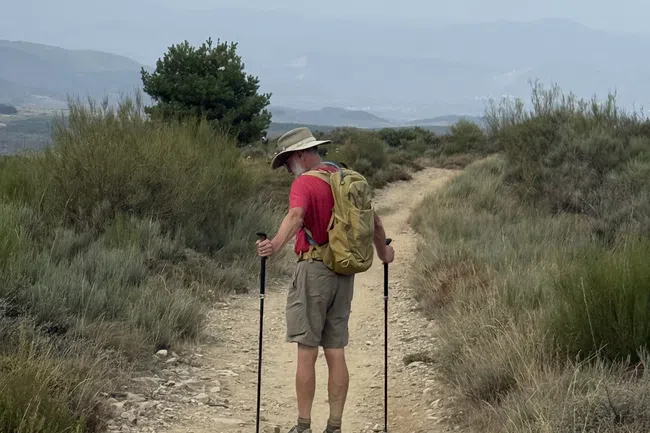 Hiker with backpack and walking poles on a dirt trail surrounded by dry bushes and distant mountains under cloudy sky