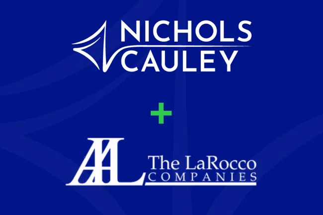 Nichols Cauley and The LaRocco Companies logos on blue background with green plus symbol and tagline Manage Protect Grow