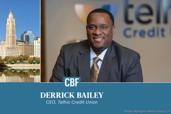 Portrait of Derrick Bailey, CEO of Telhio Credit Union, with Columbus city skyline in background and 125th anniversary logo.
