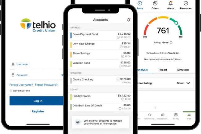 Screenshots of Telhio Credit Union mobile app showing login, accounts, and credit score features.