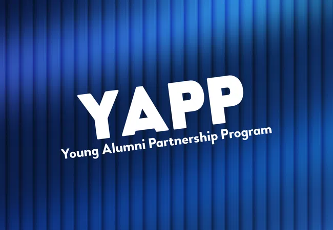 Blue gradient vertical lines background with overlaid white text saying YAPP Young Alumni Partnership Program.