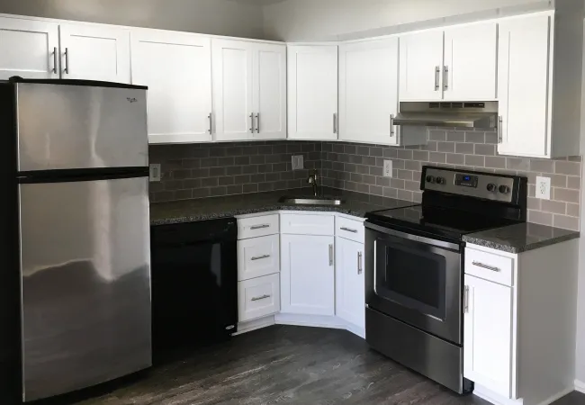 Modern kitchen with white cabinets, stainless steel appliances, gray subway tile backsplash, and dark wood flooring