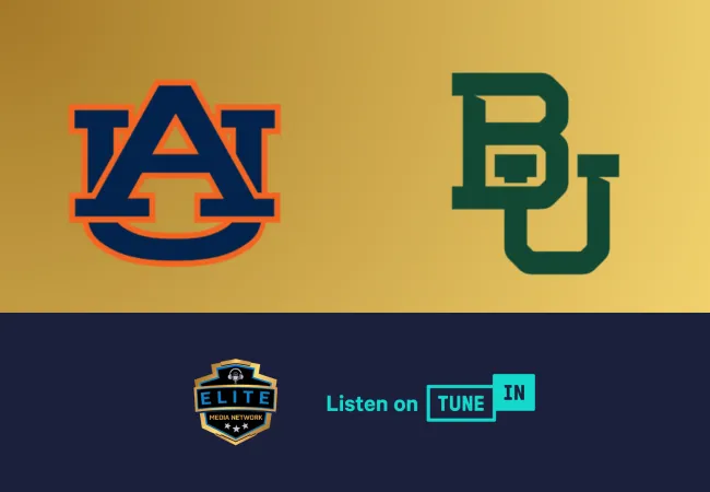 Auburn and Baylor University logos on gold background with Elite Media Network and TuneIn logos on navy blue.