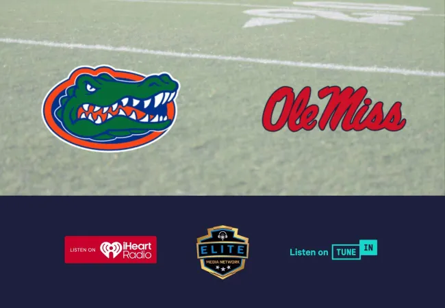 Florida Gators and Ole Miss logos on football field with iHeart Radio, Elite Media, and TuneIn logos below.