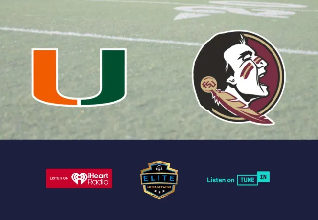 University of Miami and Florida State University football logos over a field with iHeartRadio, Elite Media Network, and TuneIn logos below.