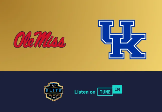 Ole Miss and Kentucky UK logos above Elite Media Network and TuneIn streaming service badges on gold and navy background.