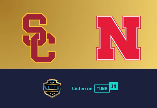 USC and Nebraska logos on a gold background with Elite Media Network and TuneIn logos below for podcast streaming.
