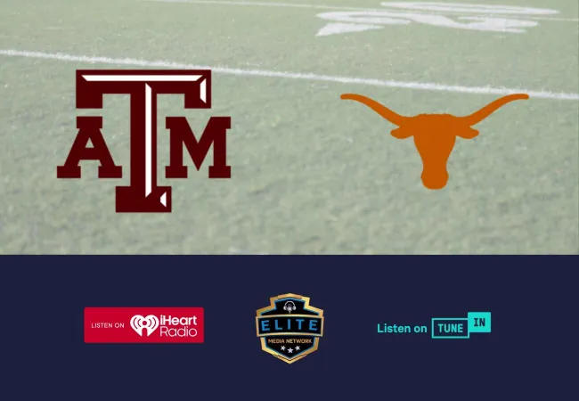 Logos of Texas A&M and Texas Longhorns on grass field with iHeartRadio, Elite Media Network, and TuneIn listening options below