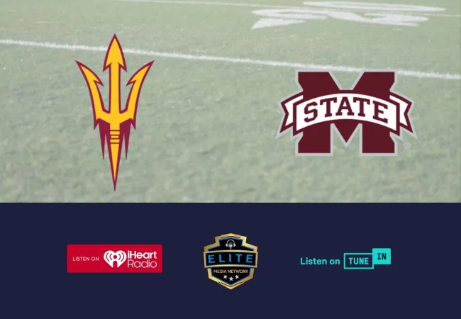 ASU Sun Devils and Mississippi State logos on football field background with streaming platform icons