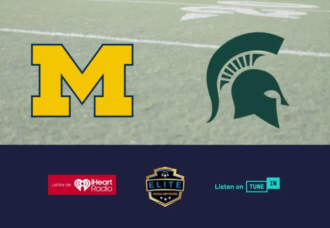 University of Michigan block M and Michigan State Spartan helmet logos with Elite Media Network and TuneIn logos below on blue background