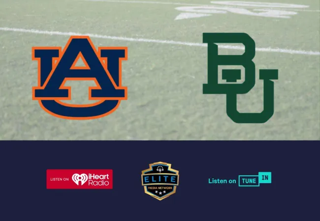 Auburn and Baylor logos on a football field background with iHeart Radio and TuneIn logos below.