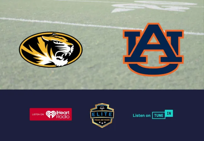 Logos of Missouri Tigers, Auburn Tigers, iHeartRadio, Elite Media Network, and TuneIn on a football field background
