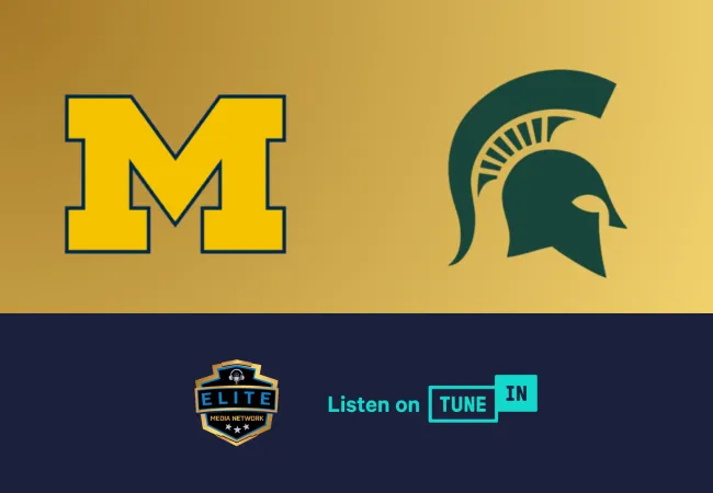 University of Michigan block M and Michigan State Spartan helmet logos with Elite Media Network and TuneIn logos below on blue background