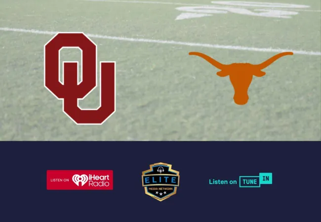 University of Oklahoma and Texas Longhorns logos on football field background with streaming service icons below