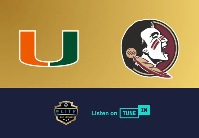 Miami Hurricanes and Florida State Seminoles logos with Elite Media Network and TuneIn podcast promotion.