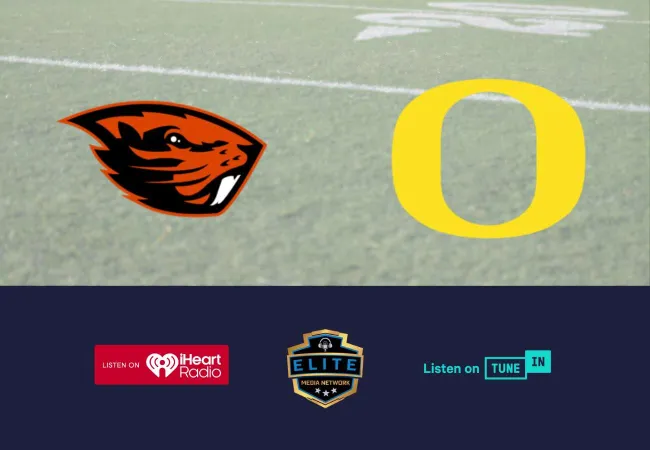 Logos of Oregon State Beavers and Oregon Ducks football teams with iHeartRadio, Elite Media Network, and TuneIn logos beneath