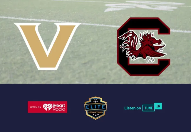 Vanderbilt and South Carolina Gamecocks logos on a football field background with radio network logos below