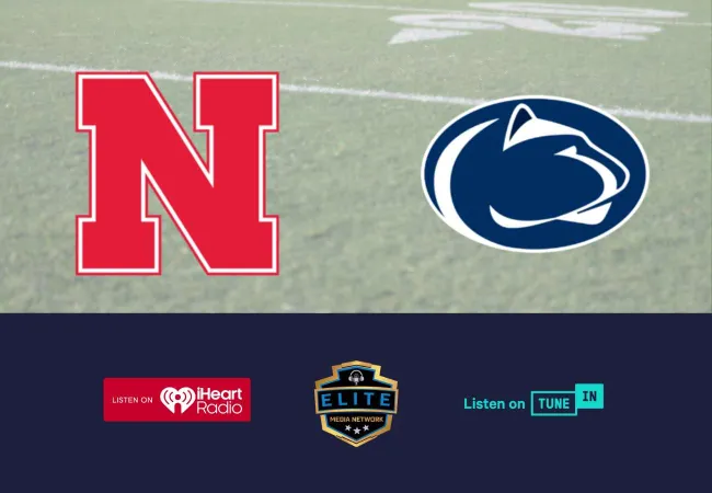 Nebraska and Penn State football logos above iHeartRadio, Elite Media Network, and TuneIn listening options.