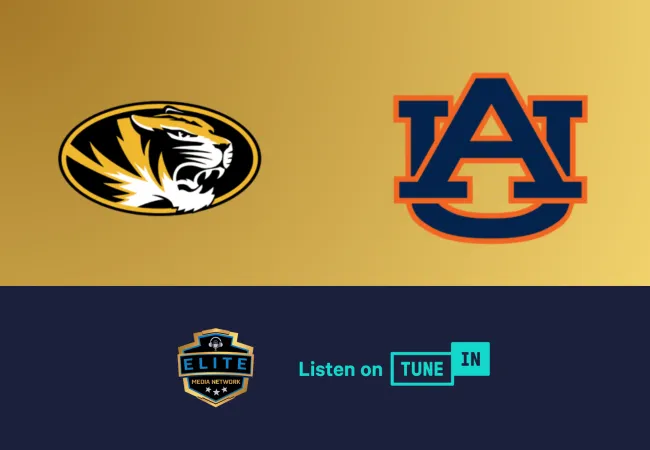 Missouri Tigers and Auburn Tigers logos with Elite Media Network and TuneIn logos on gold and navy background.