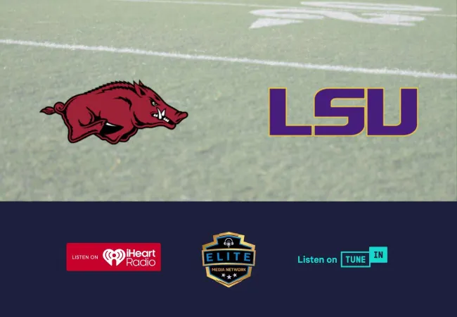 Arkansas Razorbacks and LSU Tigers logos on football field with radio and media network icons below.