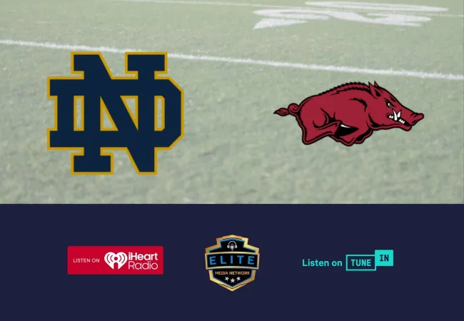 Notre Dame and Arkansas Razorbacks logos on football field background with iHeart Radio, Elite Media, and TuneIn logos below