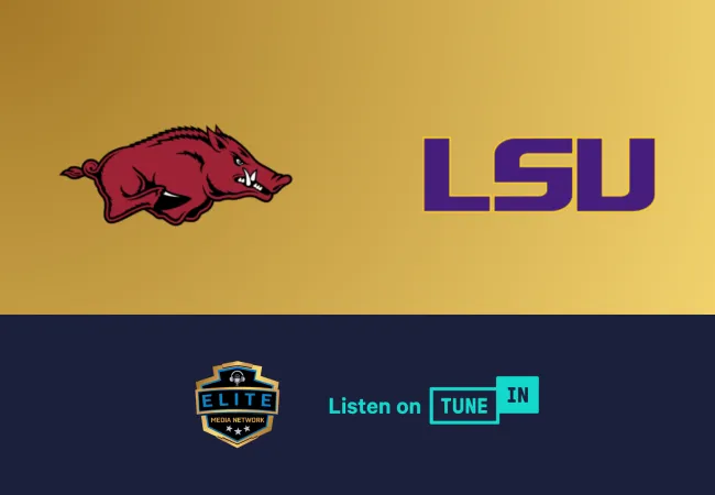 Arkansas Razorbacks and LSU logos on gold background with Elite Media Network and TuneIn logos on dark blue bar