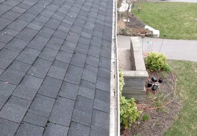Clean asphalt shingle roof and gutter alongside a suburban yard with a parked white SUV on the street.