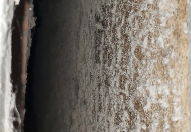 Close-up of a dusty, dirty air vent or duct interior showing significant dust buildup on surfaces.