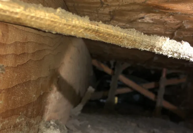 Close-up of dusty wooden beams and dirt floor inside a dim attic or crawl space with insulation debris.