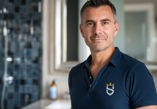 Portrait of a confident man wearing a navy blue polo with a gold crown and shield logo in a modern bathroom.