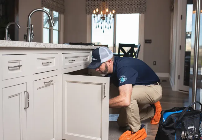 Technician inspecting plumbing under kitchen sink in a modern home with tools nearby and white cabinets.