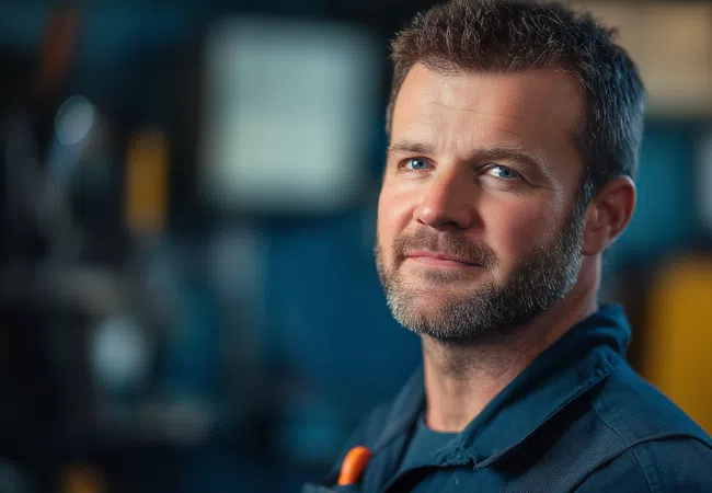 Confident man with beard in a blue work uniform in a blurred industrial workshop setting.