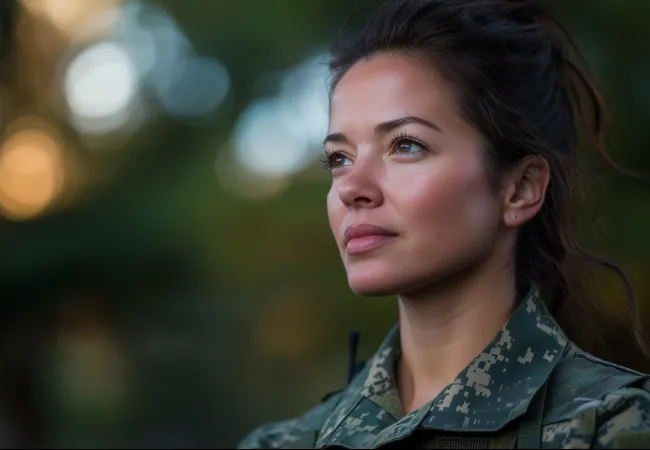 Confident female soldier in camouflage uniform with blurred natural background and warm bokeh lighting.